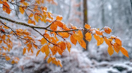 Branches with vibrant orange leaves emerge from soft white snow creating a quiet and serene winter setting.