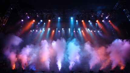 Bright lights in various colors shine through clouds of fog enhancing the excitement of a live show.