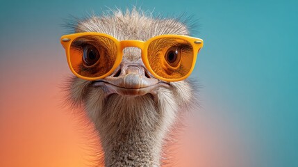 A quirky ostrich with large expressive eyes and orange sunglasses stands confidently enjoying the vibrant backdrop.
