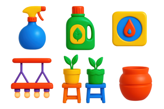 3D Plant Care Icons. 3D icon set of indoor plant care: mist sprayer, fertilizer bottle, humidity meter, grow lights, plant stands,
