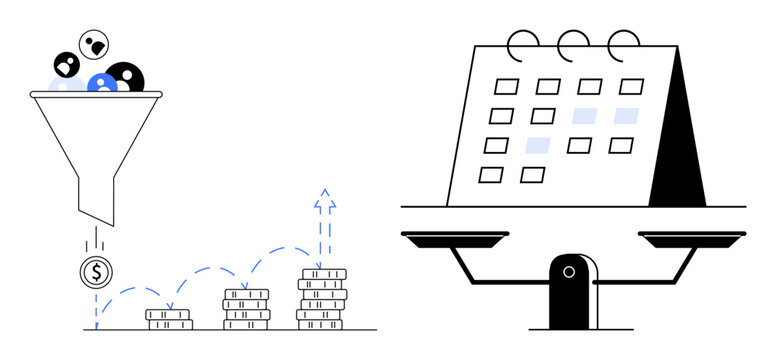 Funnel filtering leads into coins and stacked profits with progress indicators. Calendar on a scale emphasizing task prioritization and balance. Ideal for business, marketing, planning, finance