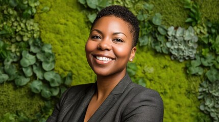 A cheerful woman stands confidently against a vibrant green plant wall showcasing her professional look.