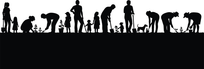 Silhouette of family and community gardening together with kids, tools, dog, teamwork, planting, watering, nature care, outdoor activity scene.