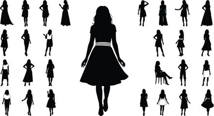 Silhouette set of diverse women in fashion poses, walking, sitting, gesturing, stylish outfits, elegant posture, black vector design.