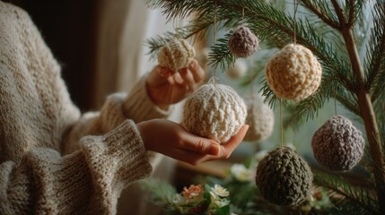 A close-up shows hands placing woolen ornaments with thick knit texture. The moment reflects handmade charm, winter coziness, and seasonal decoration.