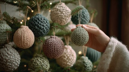 Fototapeta premium A hand hang chunky handmade knitted ornaments on a string. The scene conveys cozy holiday crafting and warm festive atmosphere.