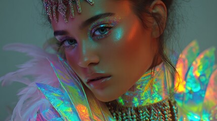A model showcases bold makeup and colorful attire reflecting light in an artistic setting.