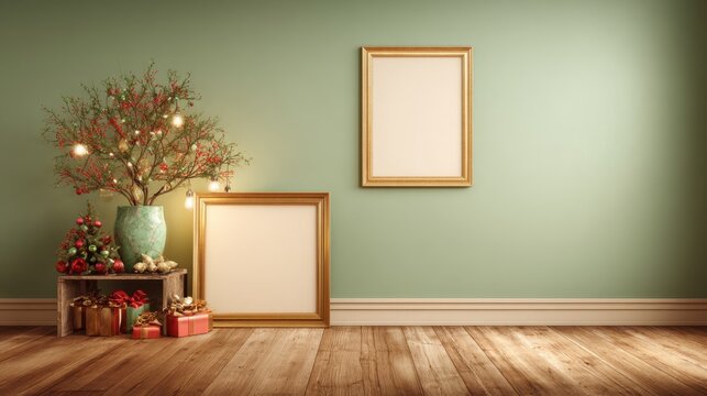 Bright green walls frame a charming holiday setup with a Christmas tree and decorative gifts.