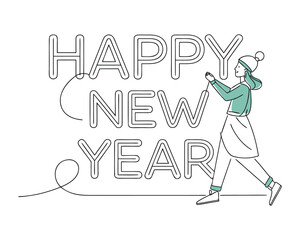 Happy New Year minimalist illustration with woman stringing lettering for seasonal greetings and celebrations in modern design