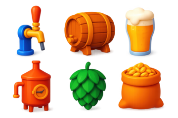 Microbrewery Icons Collection. 3D icon set of microbrewery essentials: beer tap, wooden keg, pint glass, brewing vat, hops cone,