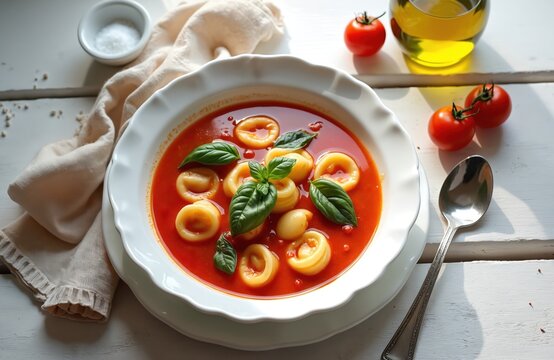 Tomato soup with tortellini pasta served in white plate on wooden table. Italian dish garnished with basil leaves. Healthy lunch with olive oil and cherry tomatoes. Delicious vegetarian meal.