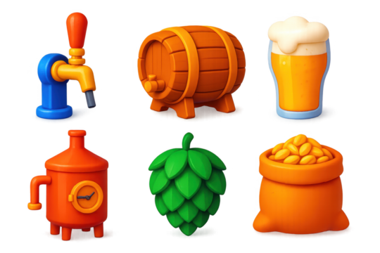 Microbrewery Icons Collection. 3D icon set of microbrewery essentials: beer tap, wooden keg, pint glass, brewing vat, hops cone,