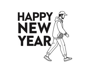 Happy New Year Illustration with Walking Figure Minimalist Black and White Festive Greeting for Holiday Season Celebrations