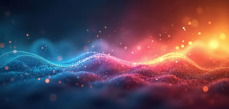 Abstract background features vibrant digital light waves in dynamic motion. Gradient colors shift from blue to pink, orange. Bright particle dots create soft focus bokeh glow. Modern tech design for