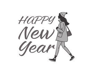 Happy New Year illustration featuring a stylish woman walking in winter clothes and carrying a bag with a festive holiday greeting