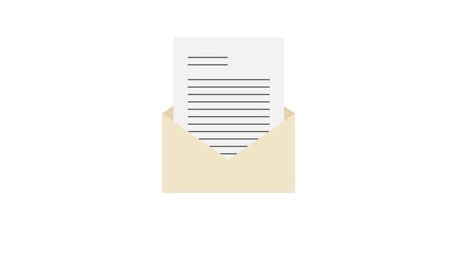 Open mail flat animation with document coming out and sliding back in on white background and green screen. 4K animated for open email explainer videos,  business motion graphics, and overlays.