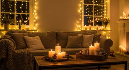 Fototapeta premium Cozy living room with candles and string lights