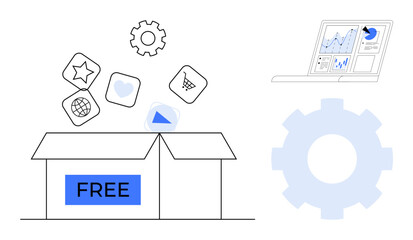 Various app icons popping out of a free box, analytics and gear representing productivity, innovation, technology, software benefits. Ideal for marketing, strategy, business, development concepts