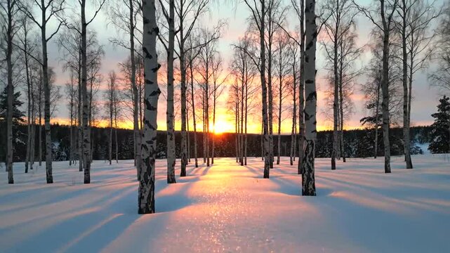 A snowy forest scene at sunset with birch trees, casting shadows, and a vibrant orange sky