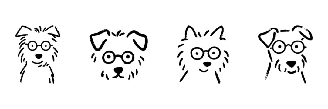 Cartoon Dogs With Glasses Line Icon Set In Doodle Style. Playful Canine Characters With Eyewear Outline Sketch Collection. Fun And Quirky Pet Illustrations. Hand Drawn Isolated Vector Illustration