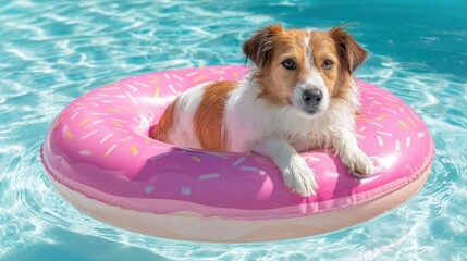 A playful dog relaxes on a pink donut float soaking up the sun in a bright blue pool.