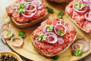 Traditional German sandwiches with minced meat Mettbroetchen	