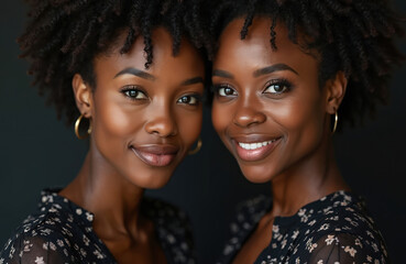 Studio portrait of two natural beautiful african american twins in glamour style. Wear outfits, gold earring. Girls smile, pose together. Twinship, sisterhood concept. Beauty, fashion themes.