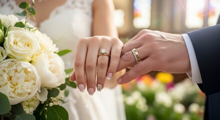 Bride and Groom Hands Showing Wedding Rings. bride and groom holding hands. The focus is sharply on the gold or diamond wedding rings on their fingers. The bride is holding a white floral bouquet