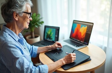 Elderly woman works on graphic design using laptop and digital tablet. She draws and creates art, focused on screen with colorful artwork. Senior artist pursues career from home.