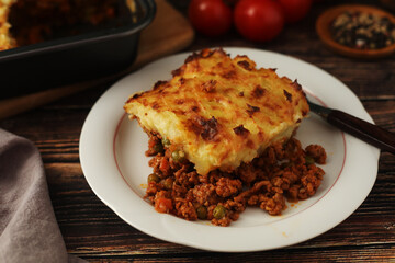 A shepherd's pie, freshly backed and ready to be served. Traditional English dish	