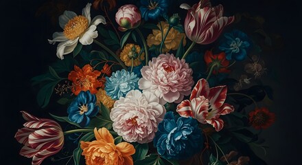 Dramatic floral arrangement in dark moody style with peonies and tulips