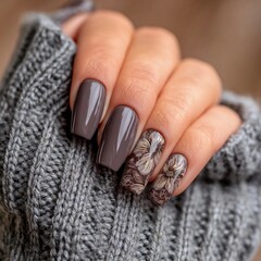 Obraz premium Elegant manicure featuring floral designs on dark gray nails in a cozy setting