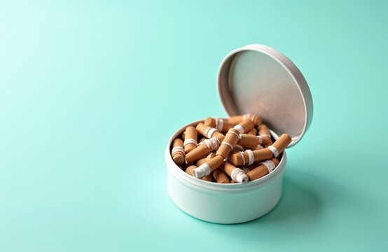 Round white box with lid filled with nicotine pouches. Alternative to smoking cigarettes is shown. Concept of snus product on light blue background.