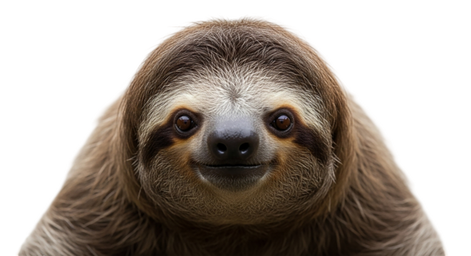 A heartwarming portrait of a gentle sloth peering with captivating eyes and an endearing smile on transparent background