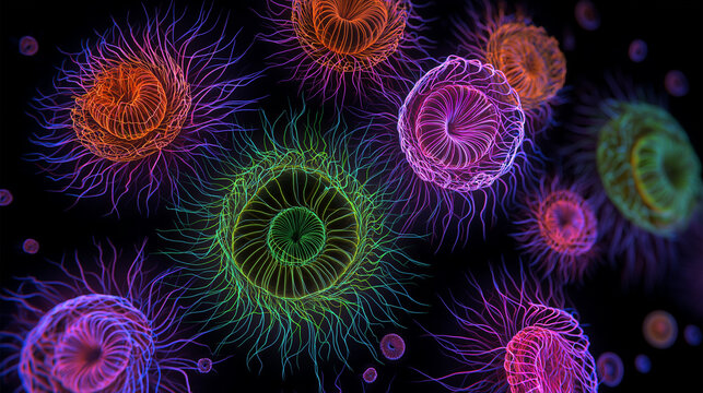 Microscopic World: Vibrant, Abstract Rendering of Cellular Structures on a Dark Background