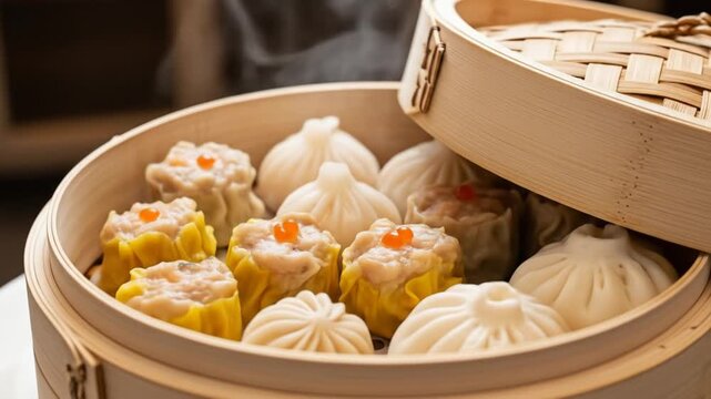 Hot steaming dim sum dumplings and buns served in a traditional bamboo steamer ready to eat
