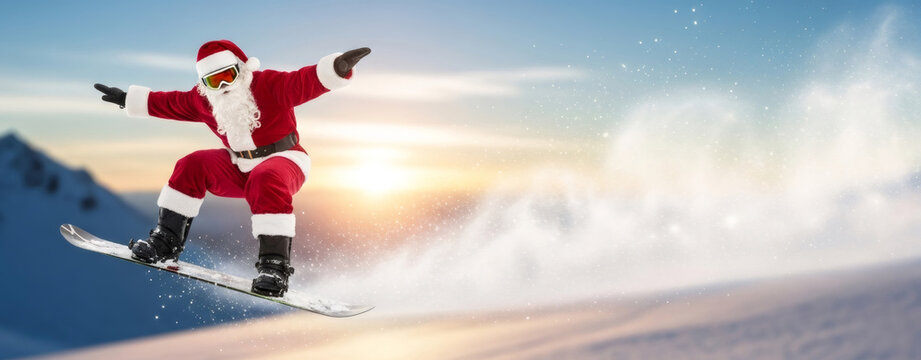 Santa Claus snowboarding on mountain slope with sunset. Winter sport activity fun for Christmas and New Year celebration. Holiday recreation concept. Banner with copy space