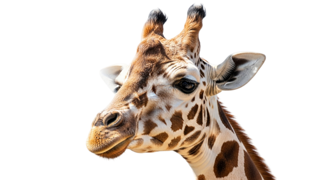 A stately giraffe gazes with gentle curiosity its patterned coat a masterpiece of nature on transparent background