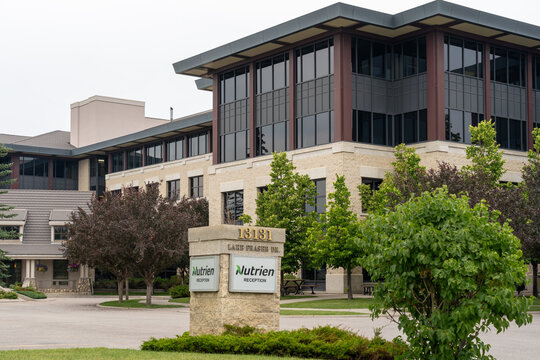 Calgary, Alberta, Canada - July 3, 2023: Nutrien Corporate Office on Lake Fraser Drive in Calgary, Alberta, Canada. Nutrien is a company that provides products and services for agriculture. 