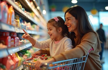 Mother and daughter happily select candies in supermarket aisle. Young girl points at products while sitting in shopping cart. Woman smiles, enjoying family time making choices.