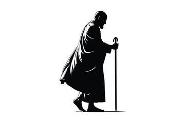 Silhouette of a monk walking with a staff