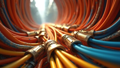 Close-up view of many colorful tech cables. Organized wires connect with metal parts in secure system. Fast data transmits through modern network infrastructure. Digital connection, telecommunication