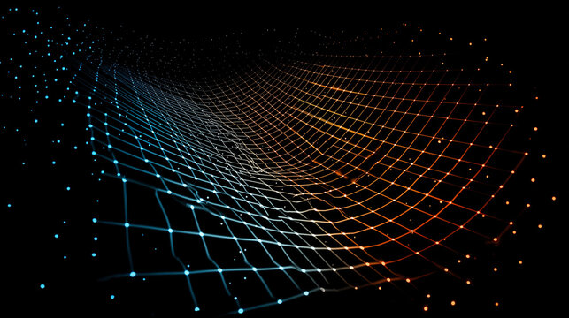 Elegant glowing wireframe with transition from cool blue to warm orange