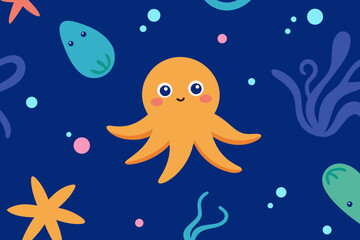 Obraz premium Cartoon octopus and marine animals seamless vector pattern