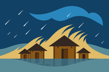 A snowy winter landscape illustration featuring a cozy mountain house and trees under a night sky, perfect for a Christmas holiday card