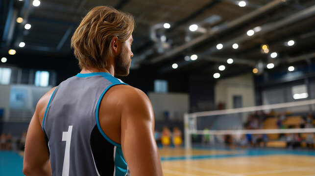 Back view of volleyball player in sportswear with clear focused court positioning during competitive match, with copy space