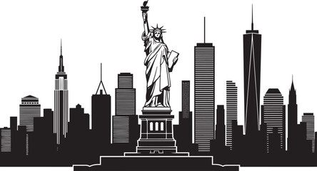 Obraz premium New york city skyline with statue of liberty silhouette cityscape architecture