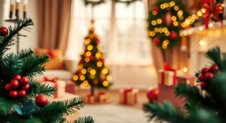 Cozy christmas scene with tree gifts and wreath holiday decorations for festive home decor and celebrations