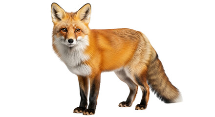 Fototapeta premium Realistic Illustration of a Majestic Red Fox Standing in a Side Profile View with Thick Vibrant Orange Fur and a Bushy White-Tipped Tail Isolated on a Plain White Background