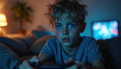 Young boy stares intently at screen playing video game. He holds controller, absorbed in virtual world late at night. Boy plays game on couch with intense focus.